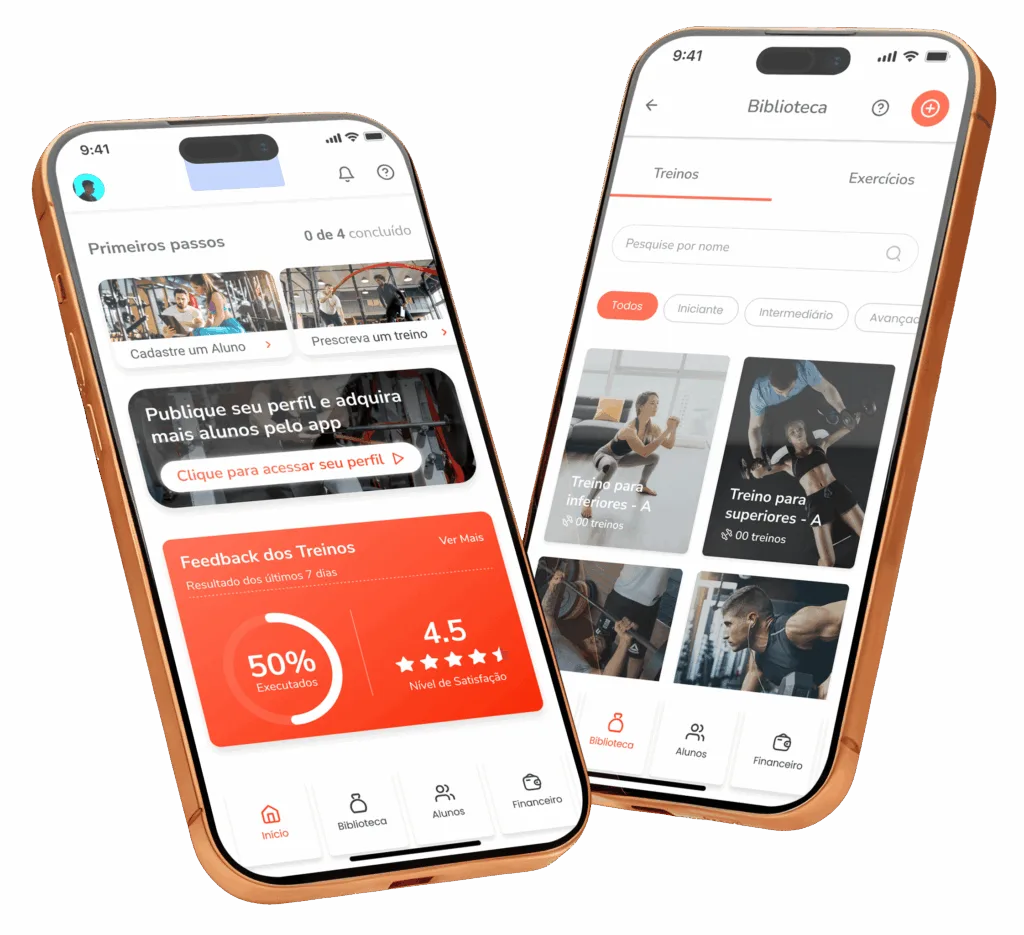 Aplicativo PersonalFit em dois celulares: painel do personal e treino do aluno